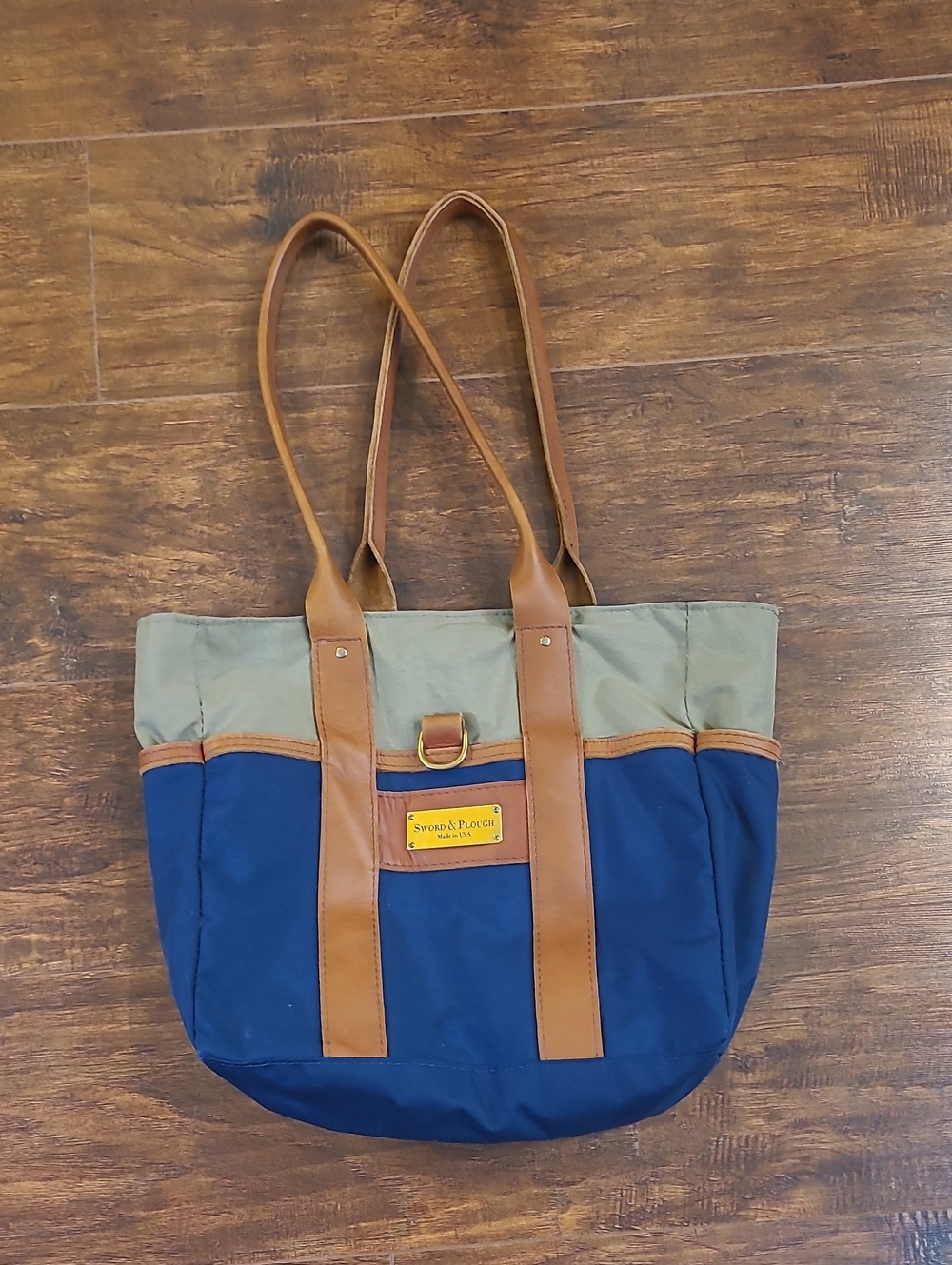Sword & Plough Seychelles Navy and Khaki Canvas Tote with Tan Leather Trim